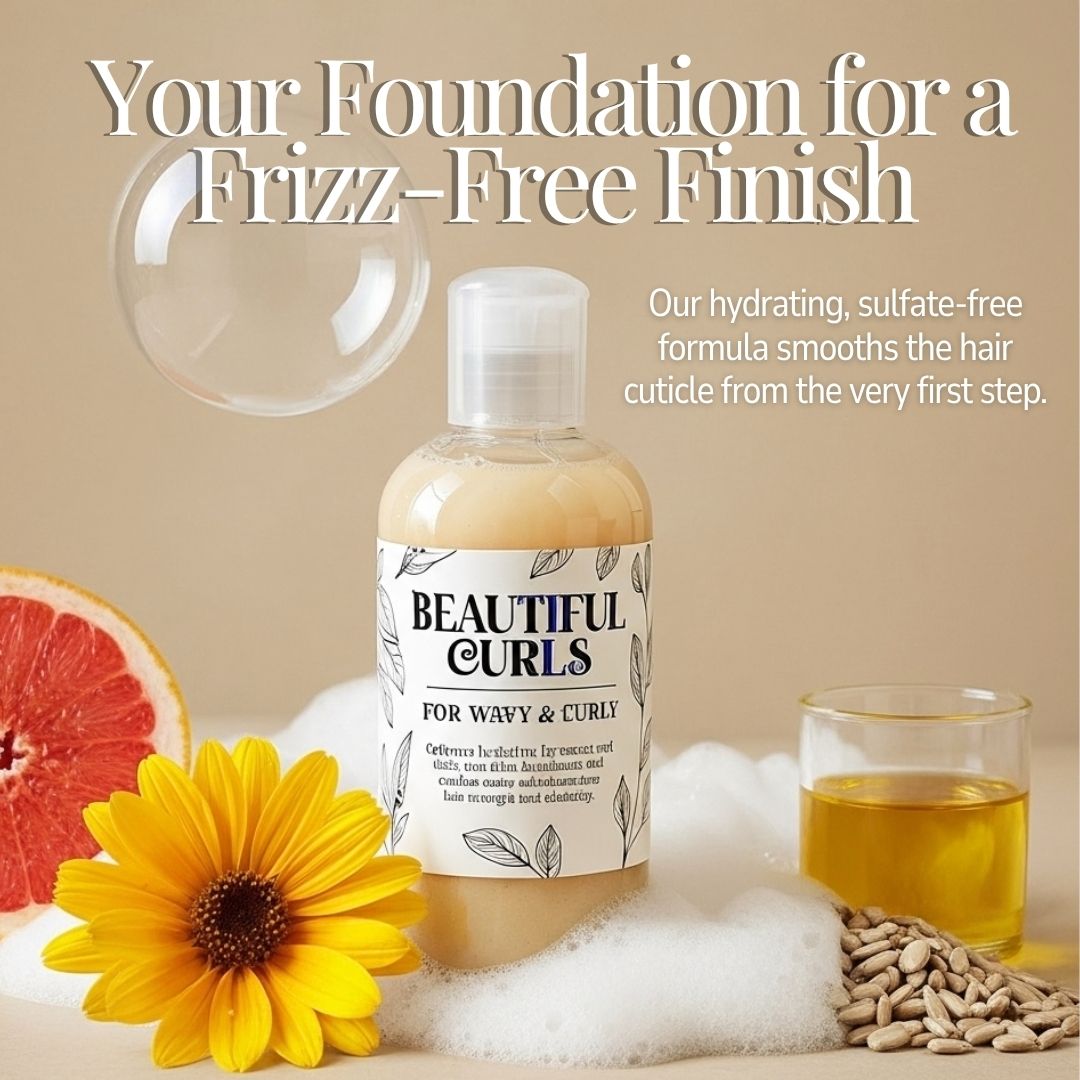 Bottle of 'Beautiful Curls' hair care product with a yellow flower, grapefruit, and glass of oil on a beige background.