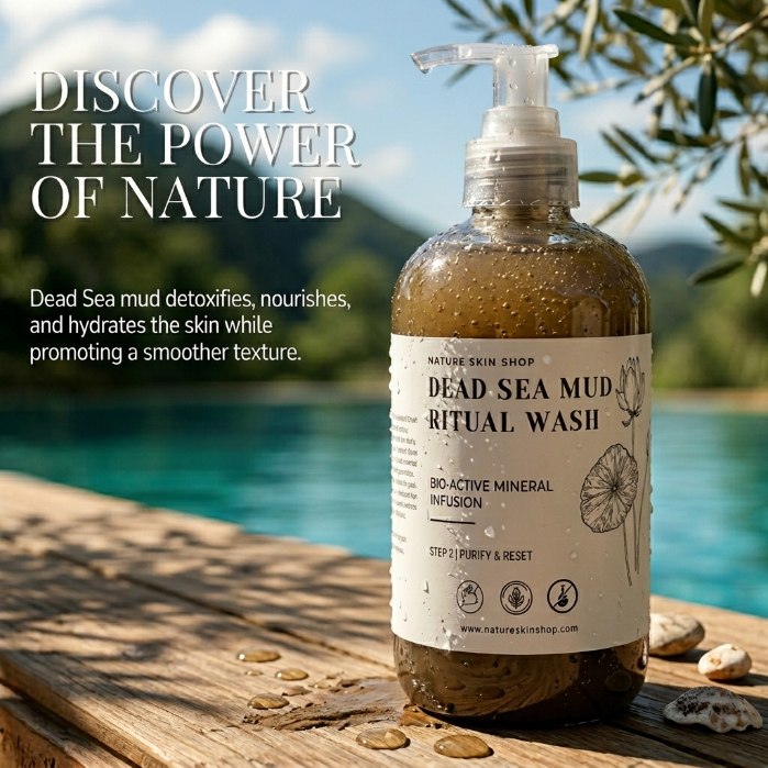 Dead Sea mud ritual wash bottle with scenic background