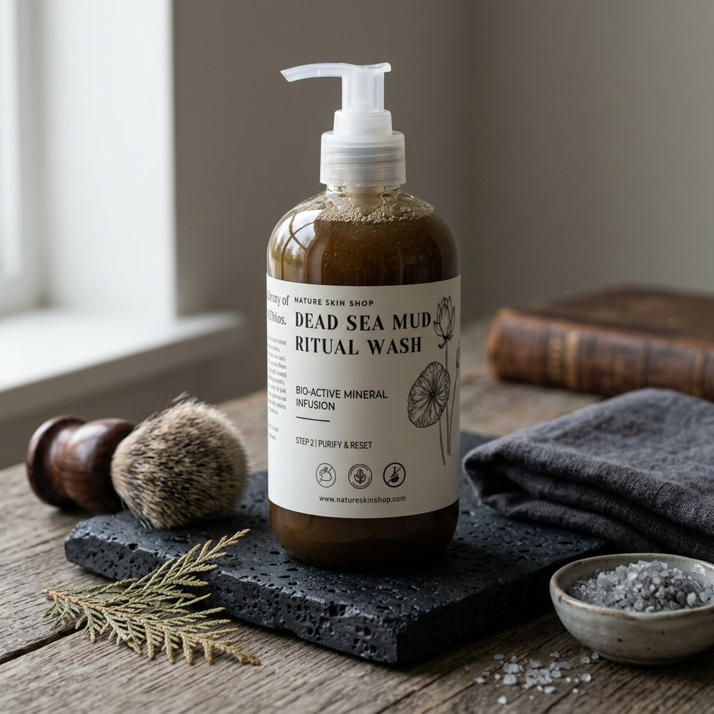 Bottle of Dead Sea Mud Ritual Wash on a wooden surface with natural elements.