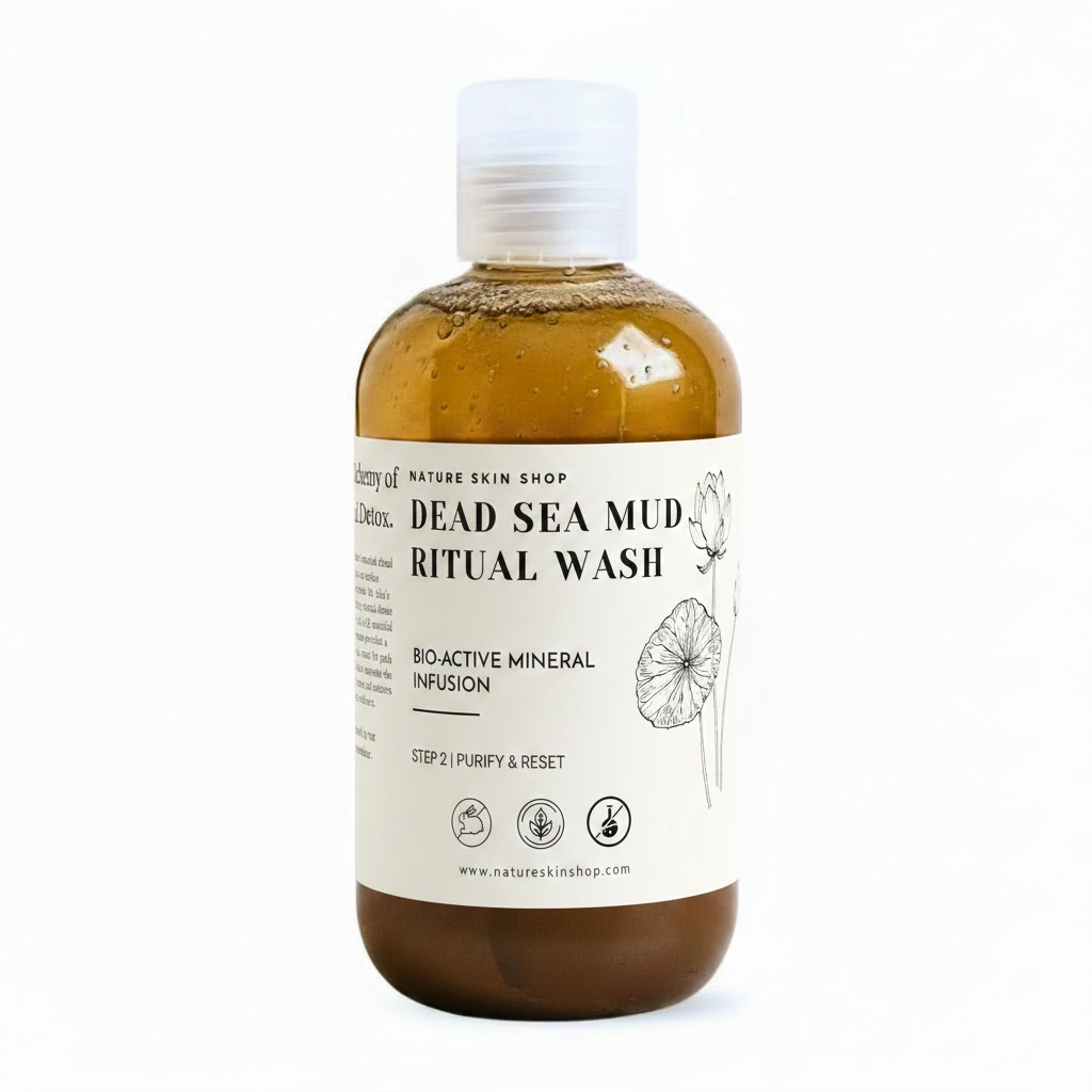 Bottle of Dead Sea Mud Ritual Wash with a white label on a white background