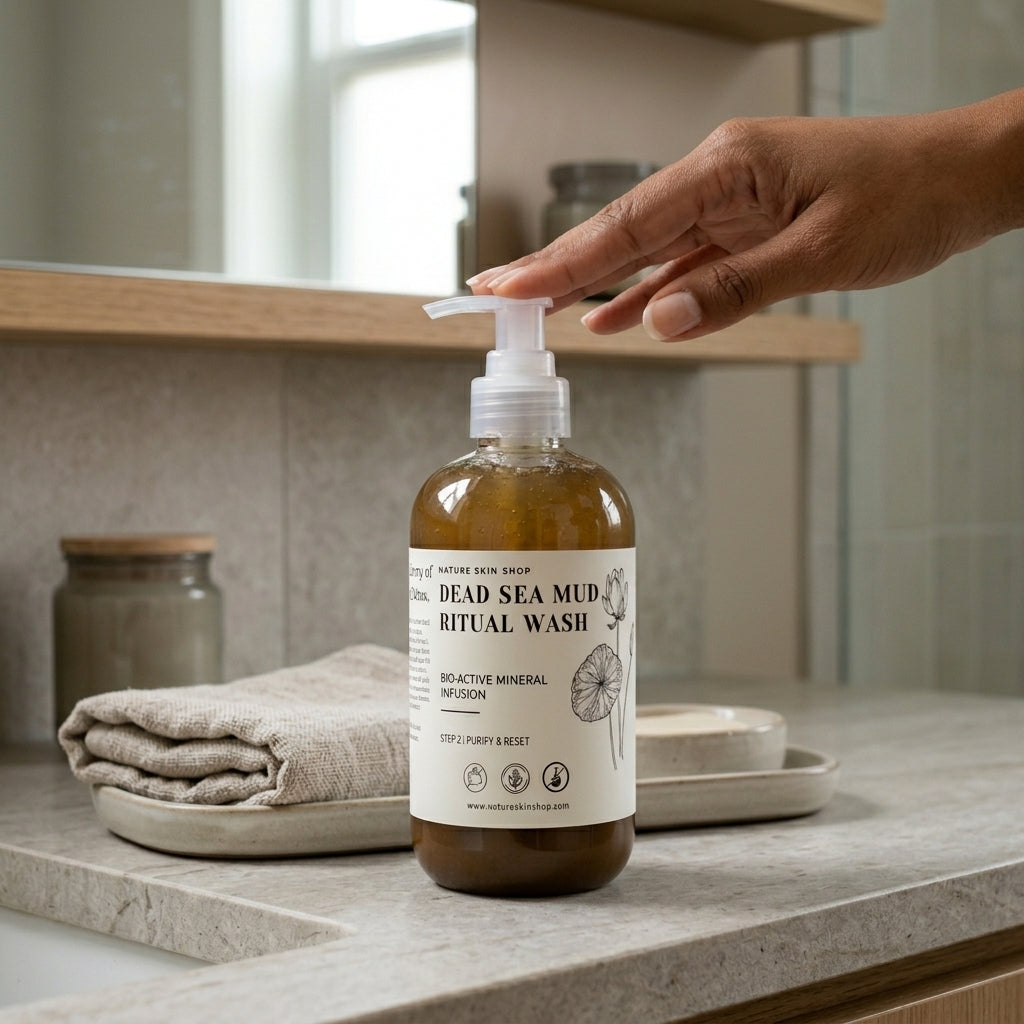 Bottle of Dead Sea Mud Ritual Wash on a bathroom counter with a hand reaching towards it.