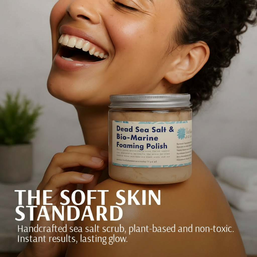 Person holding a jar of 'Dead Sea Salt & Bio-Marine Foaming Polish' with text about the product.