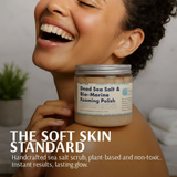 Person holding a jar of 'Dead Sea Salt & Bio-Marine Foaming Polish' with text about the product.