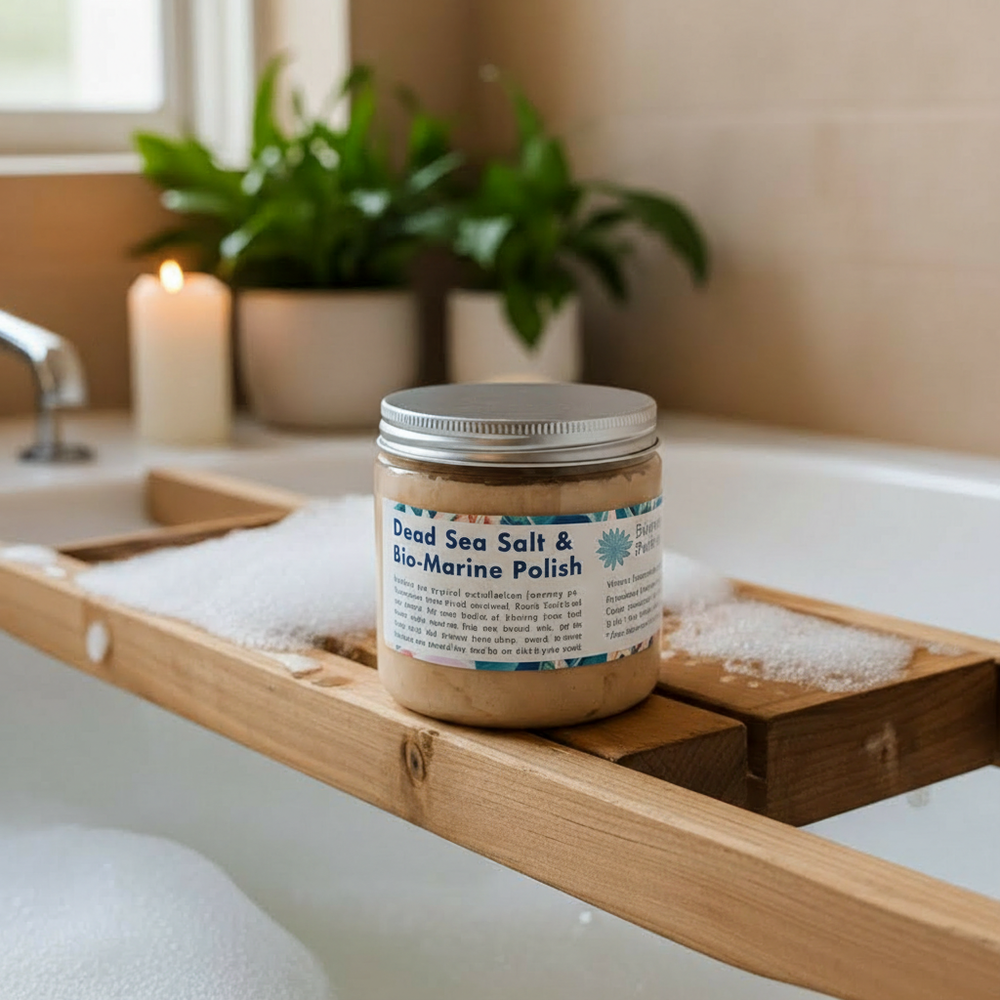 Jar of Dead Sea Salt & Bio-Marine Polish on a bathtub tray with candles and plants in the background