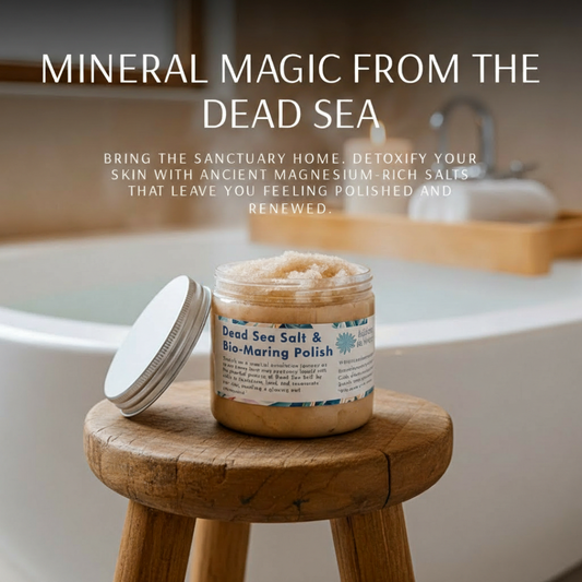 Jar of Dead Sea salt on a wooden stool with text about mineral magic and skin detoxification.