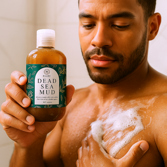 Man holding a bottle of Dead Sea Mud product with a neutral background