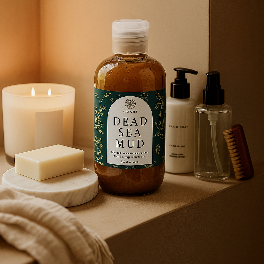 Bottle of Dead Sea Mud with a candle and other skincare products on a wooden surface.