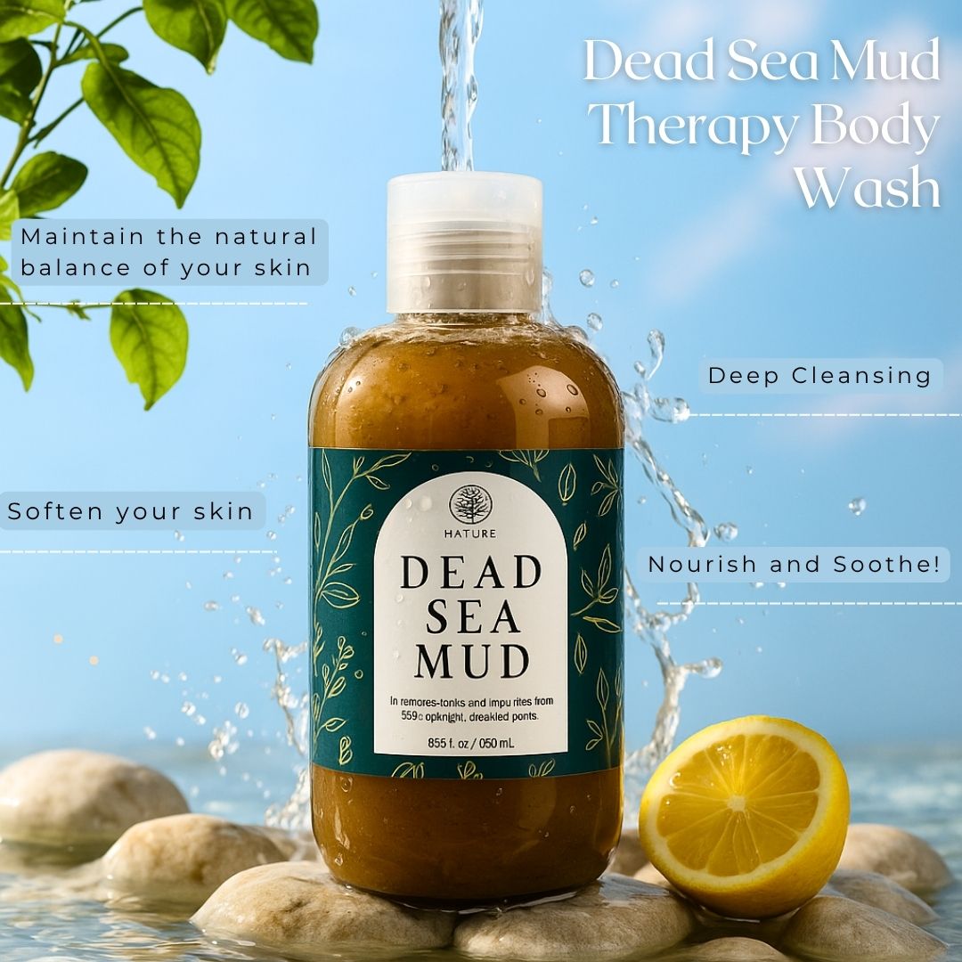Dead Sea Mud Therapy Body Wash bottle with lemon and stones on a blue background