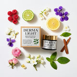 Derma Light brightening face cream with packaging surrounded by flowers and fruits on a white background