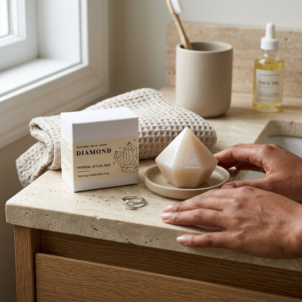 Mineral ritual bar on a stone surface with hands and other items in the background