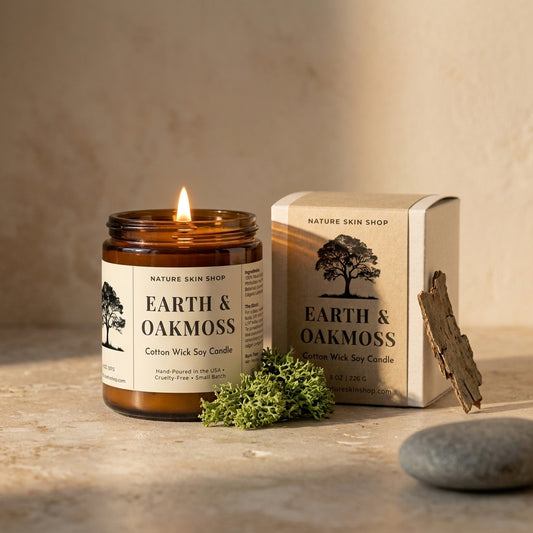 Earth & Oakmoss candle and packaging on a wooden surface with a neutral background