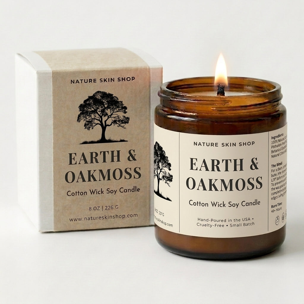 Earth & Oakmoss candle with packaging on a white background
