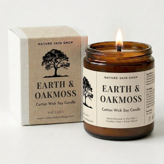 Earth & Oakmoss candle with packaging on a white background