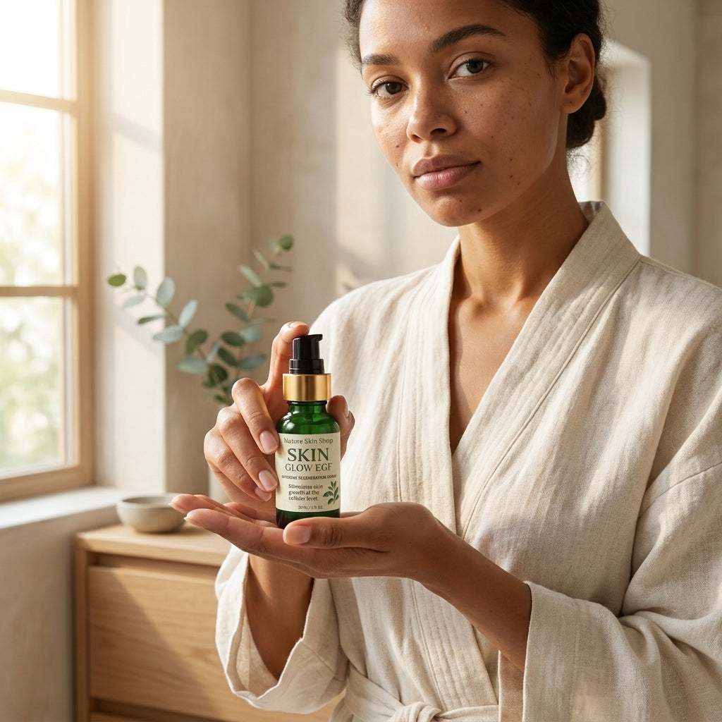 Woman in a white robe holding a skincare bottle in a softly lit room.