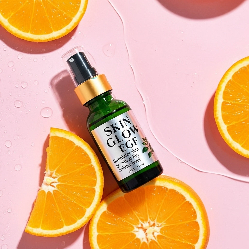 Skincare serum bottle labeled 'Skin Glow EGF' surrounded by sliced oranges on a pink background