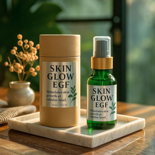 Two 'Skin Glow EGF' products on a marble tray with a blurred natural background