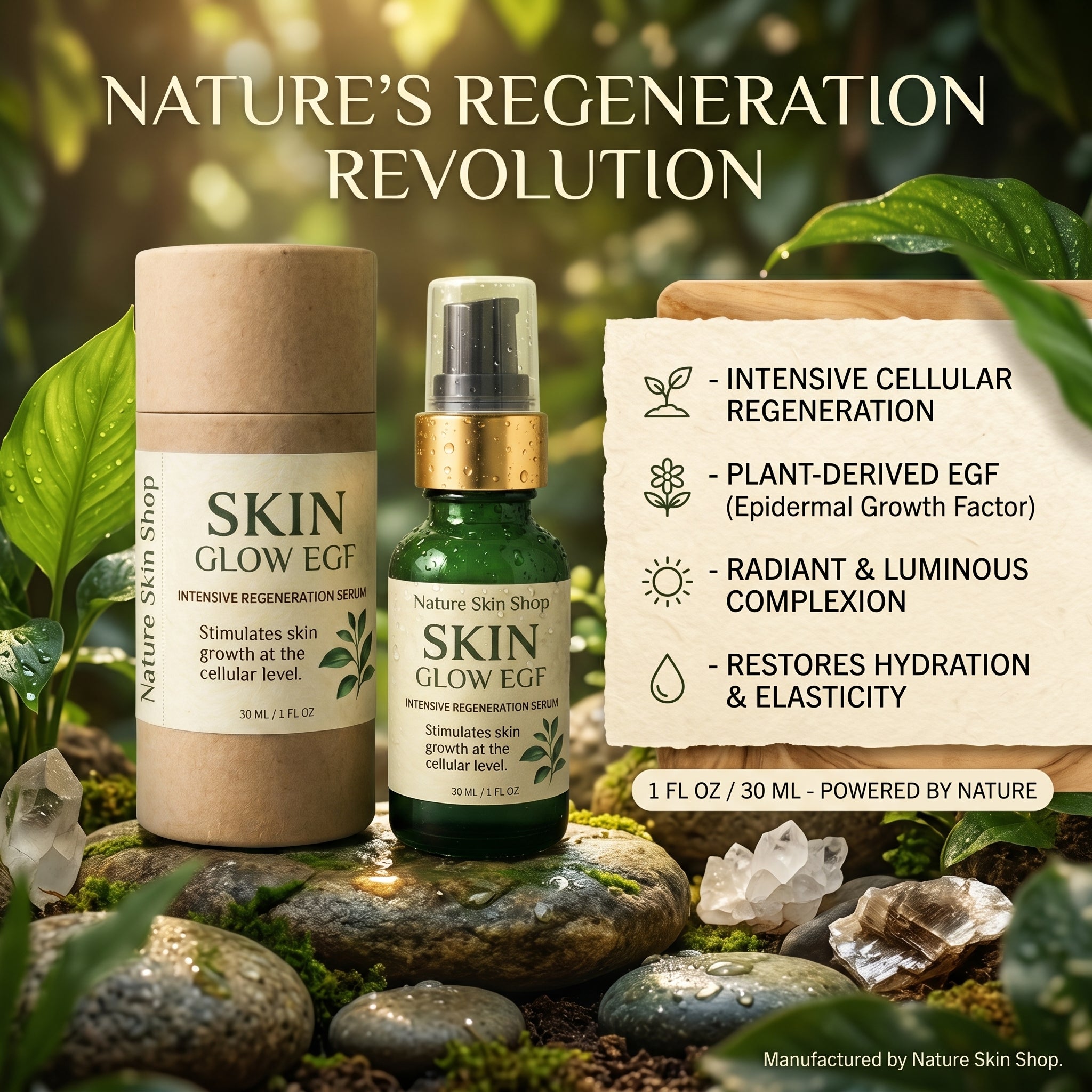 Nature's Skin Shop Skin Glow EGF products with greenery and text about product benefits.