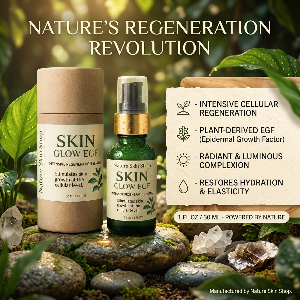 Nature's Skin Shop Skin Glow EGF products with greenery and text about product benefits.