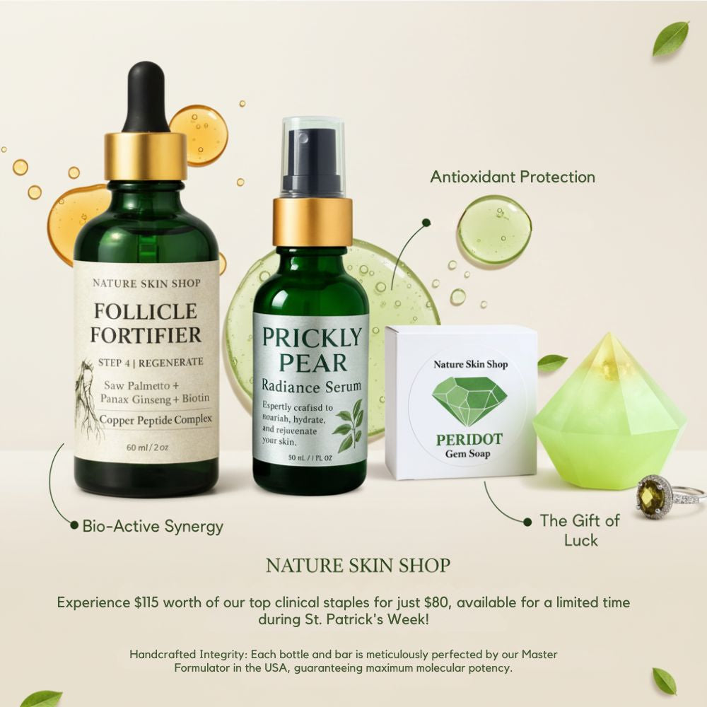 Nature Skin Shop skincare products with text highlighting features and a promotional offer.