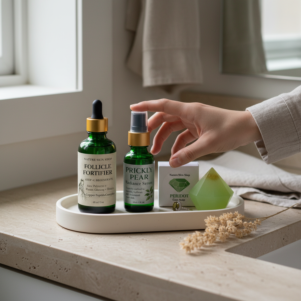 Bottles of skincare products on a tray with a hand reaching for one, in a bathroom setting.