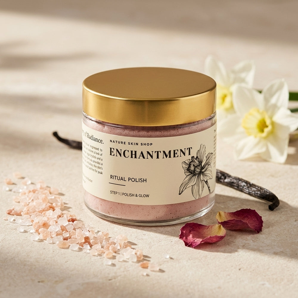 Jar of 'Enchantment' ritual polish with gold lid on a neutral background