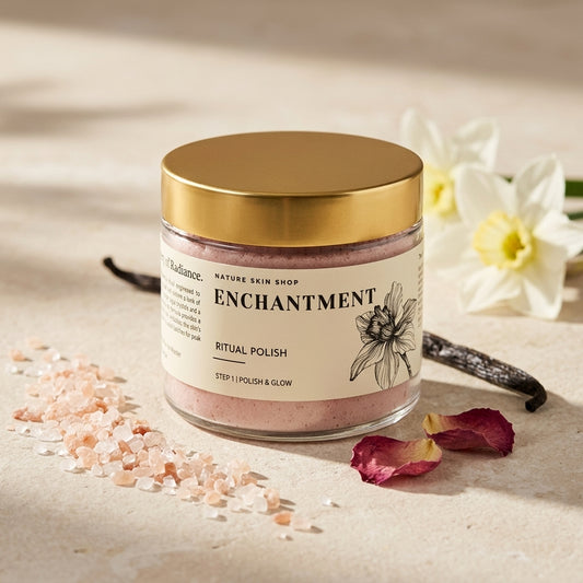 Jar of 'Enchantment' ritual polish with gold lid on a neutral background