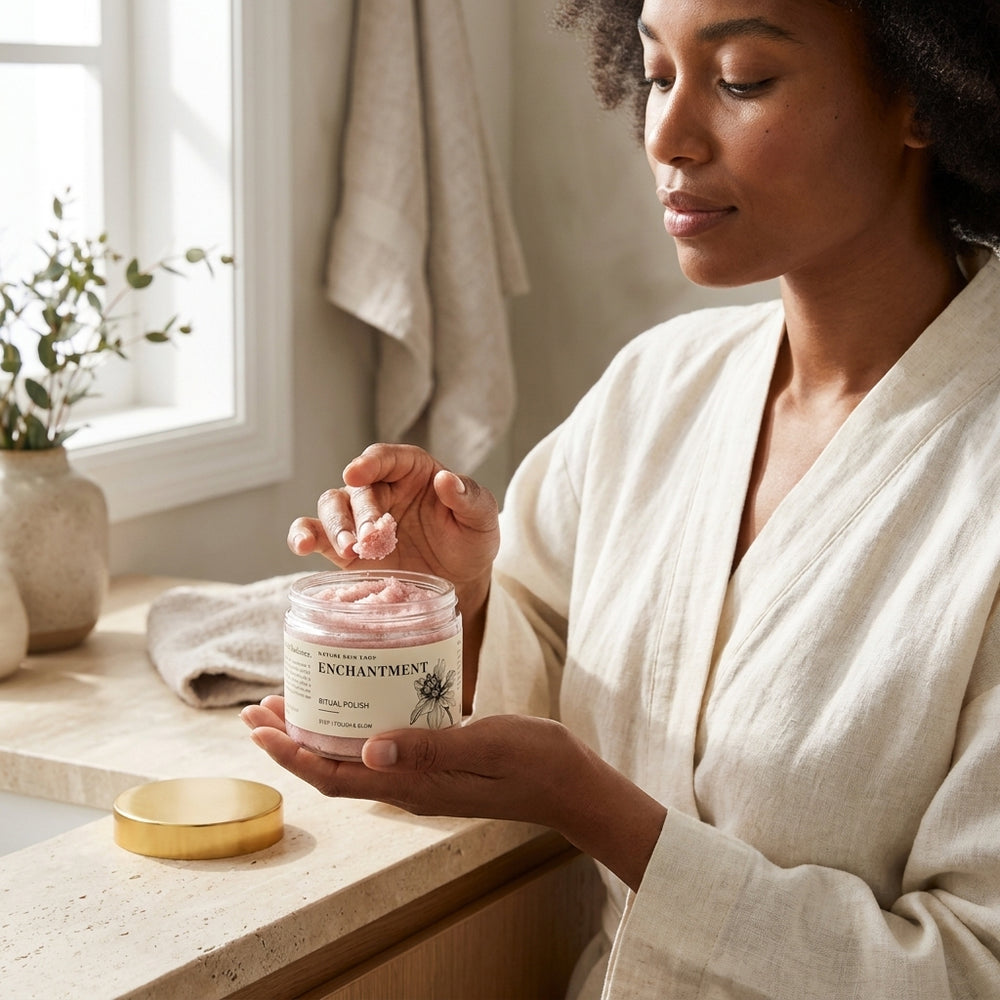 Woman in a bathrobe holding a jar of body scrub in a bathroom setting