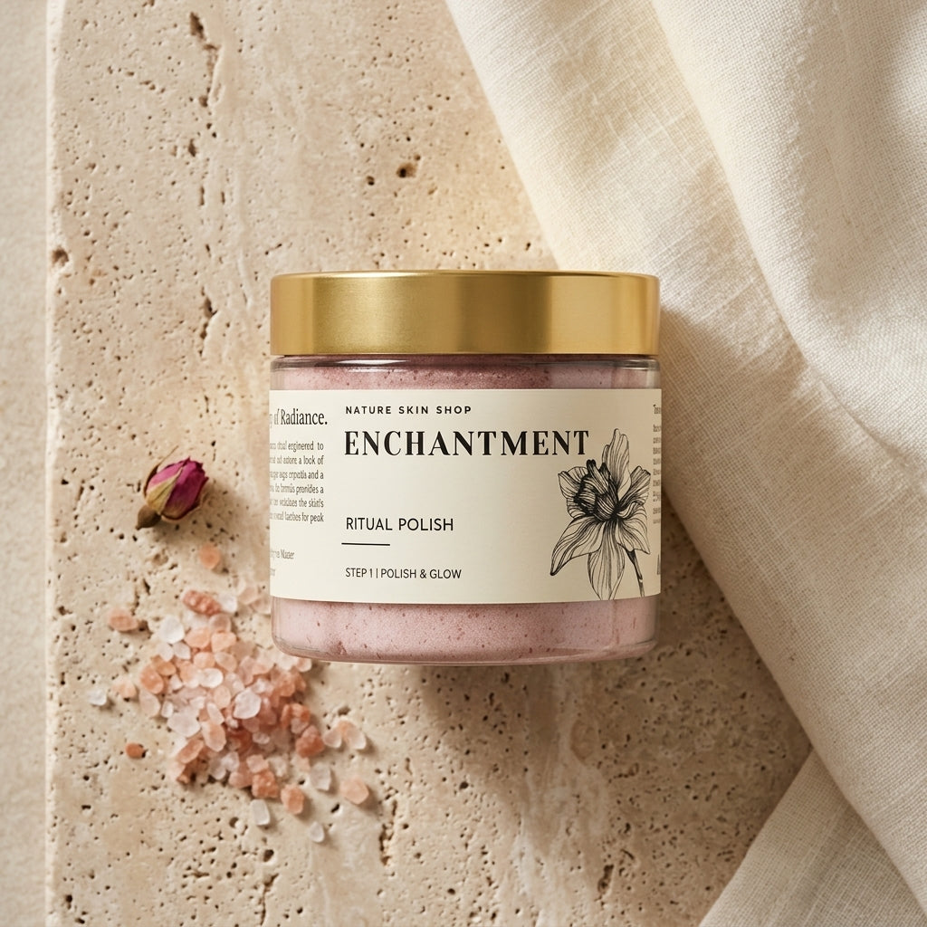 Jar of 'Enchantment' ritual polish with a gold lid on a textured beige background