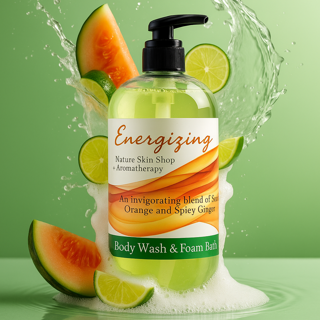 Body wash bottle with fruit slices on a green background
