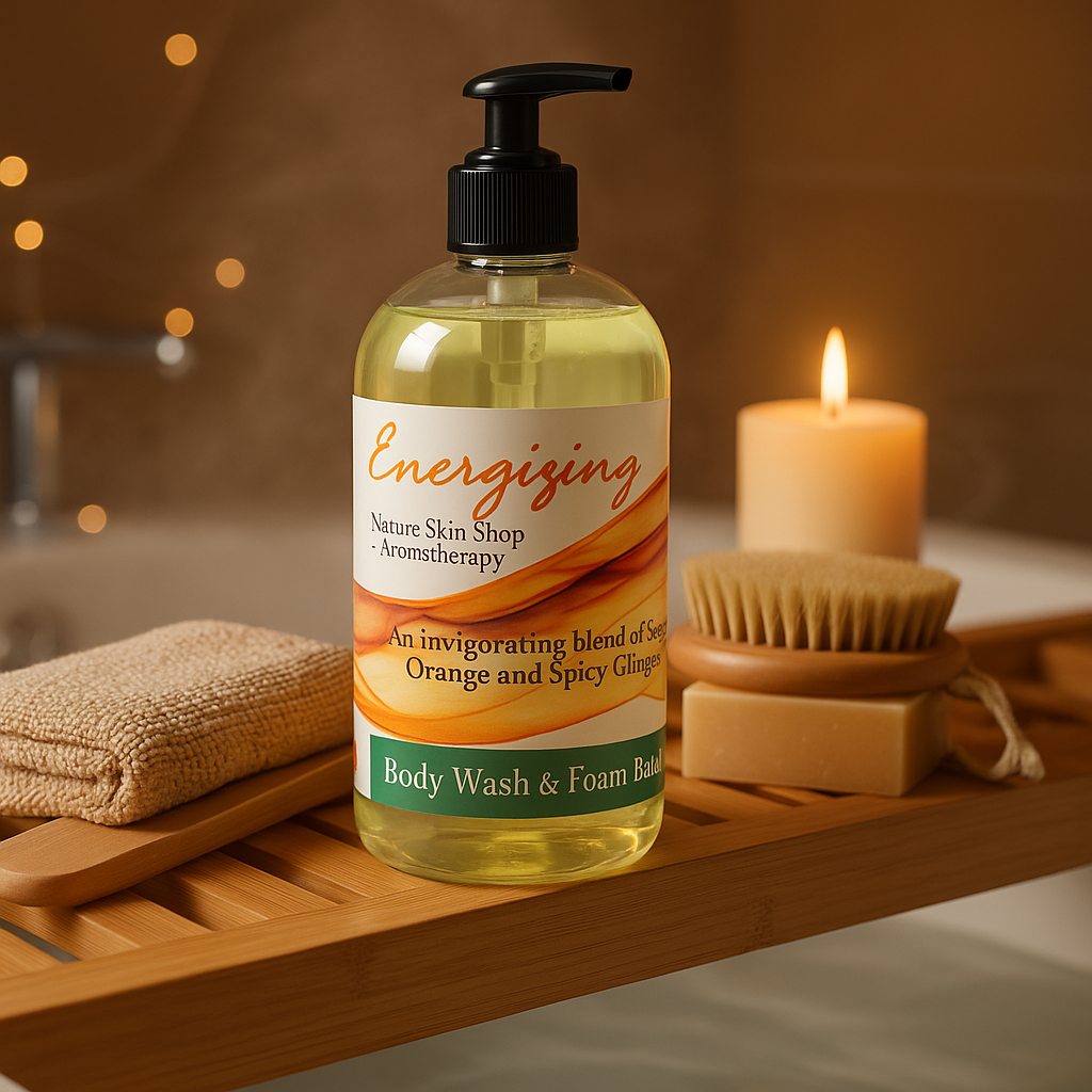 Body wash bottle labeled 'Energizing' on a wooden shelf with bath items and a candle.