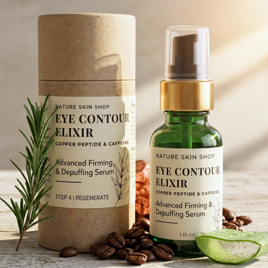 Nature Skin Shop Eye Contour Elixir with packaging, green bottle, and natural elements on a wooden surface.