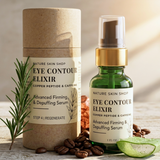 Nature Skin Shop Eye Contour Elixir with packaging, green bottle, and natural elements on a wooden surface.