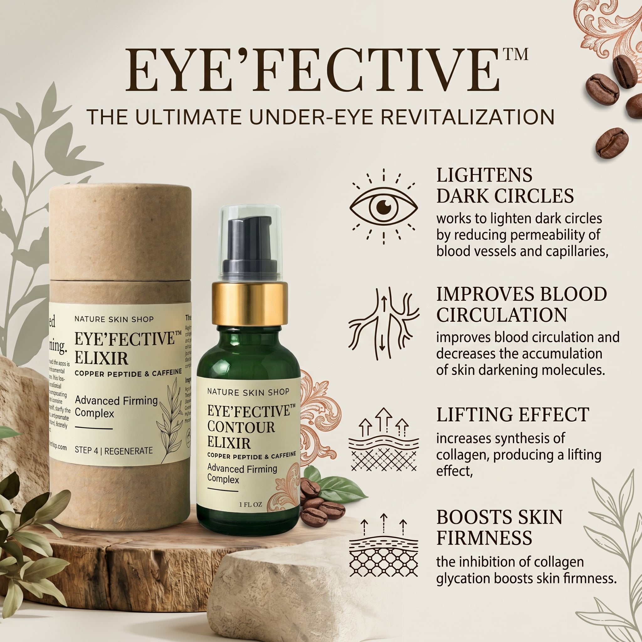 Eye'Fective elixir and contour elixir with product description on a neutral background