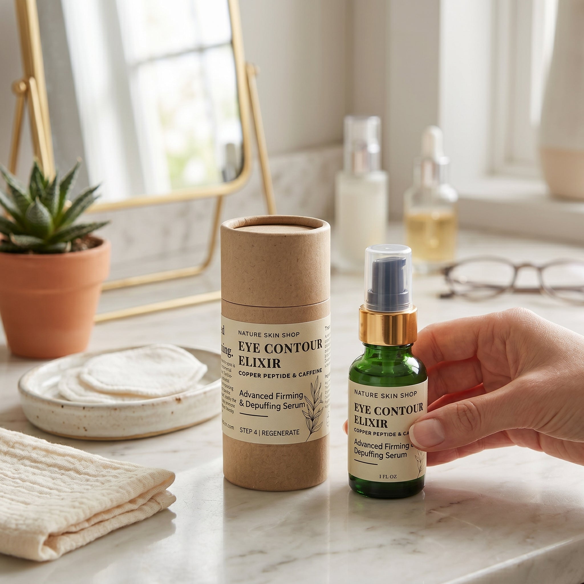 Hand holding a bottle of 'Eye Contour Elixir' with packaging on a marble surface.