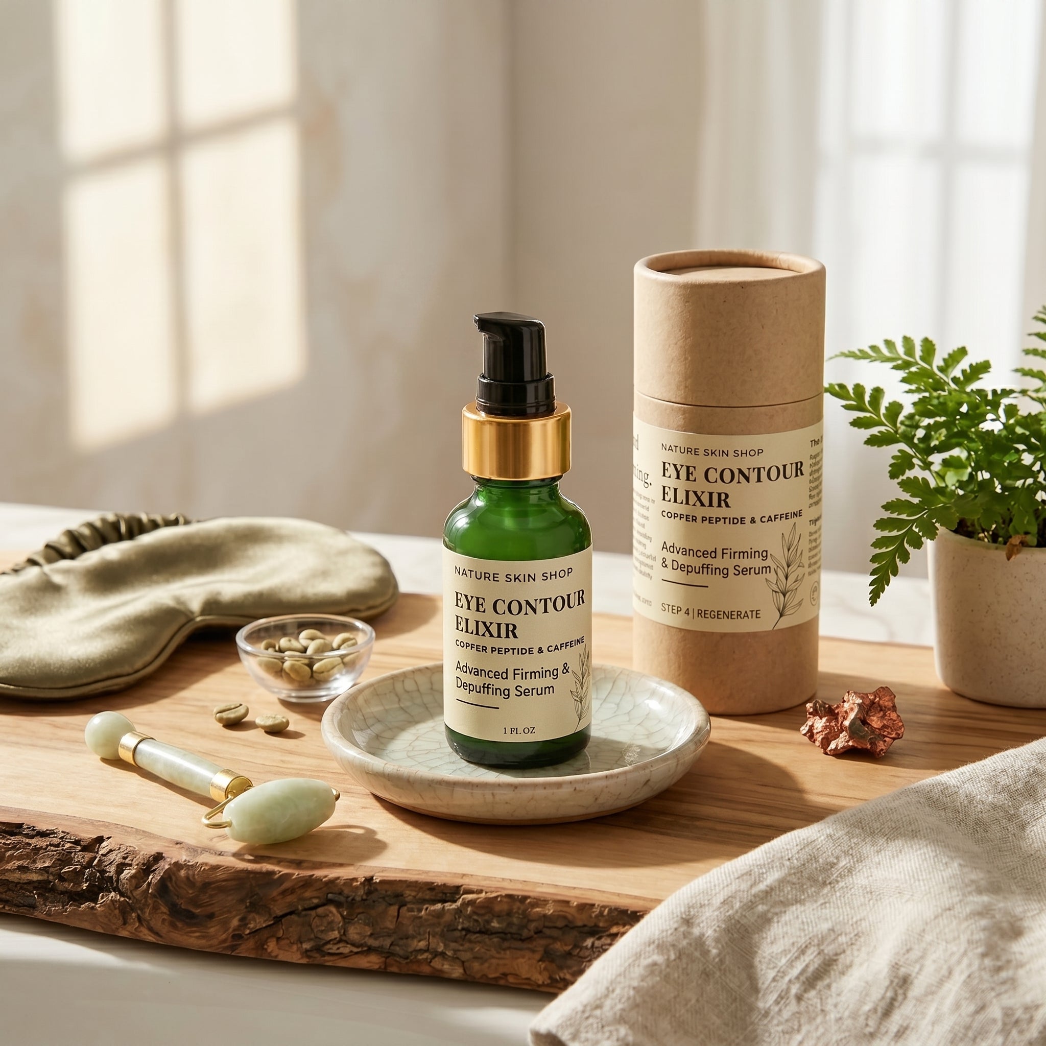 Skincare products including a bottle and a tube on a wooden surface with a plant in the background.