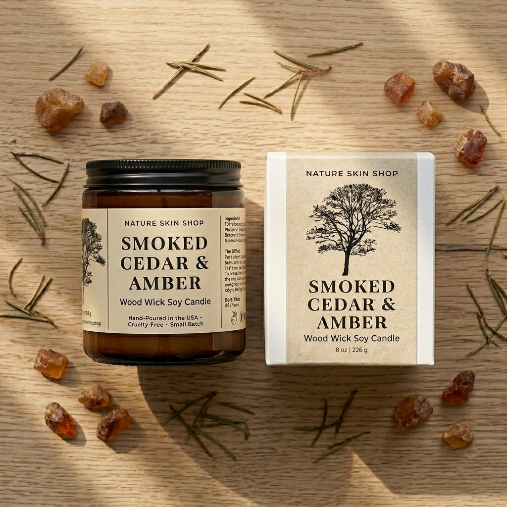 Smoked Cedar & Amber candle and packaging on a wooden surface with natural elements.