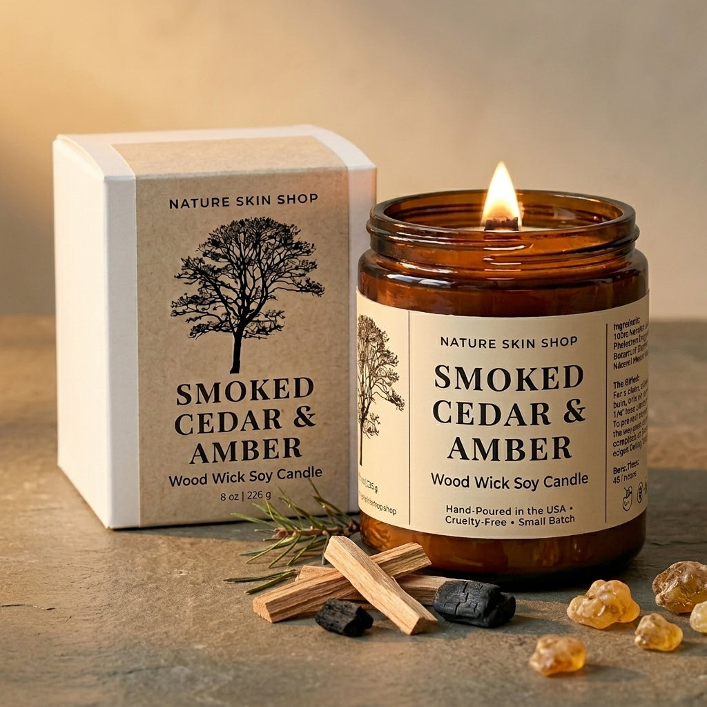 Smoked Cedar & Amber candle with packaging on a wooden surface