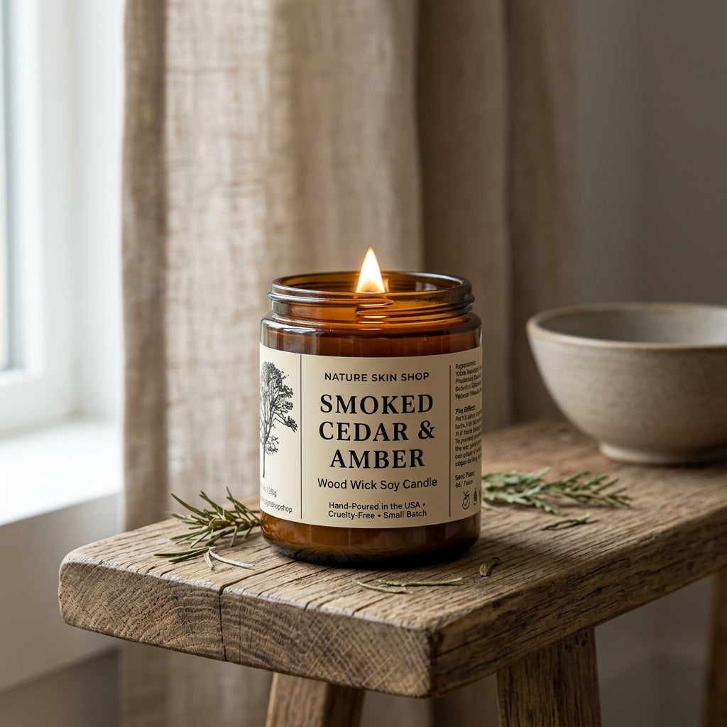 Smoked Cedar & Amber candle on a wooden surface with a natural background