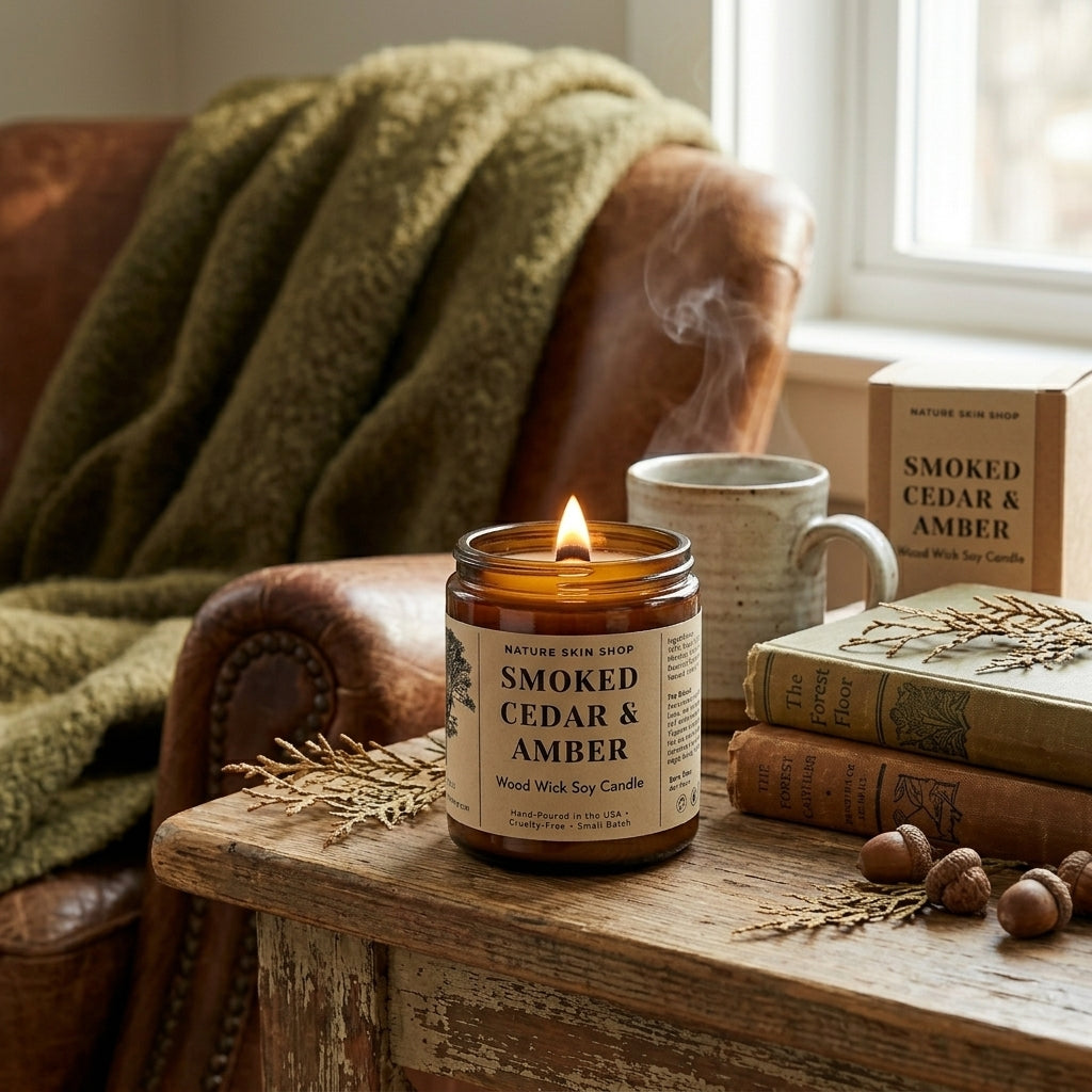 Smoked Cedar & Amber candle on a wooden table with a mug and books in a cozy setting.