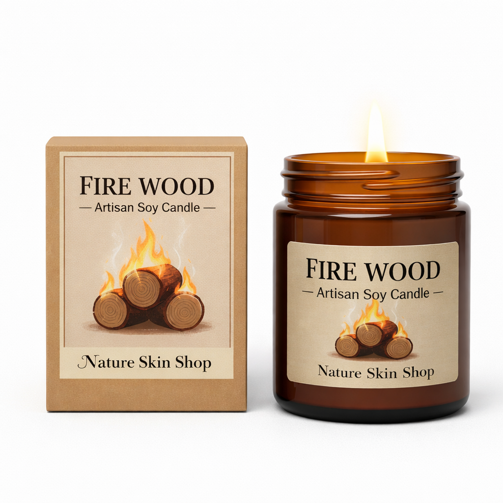 Fire Wood Artisan Soy Candle from Nature Skin Shop with packaging on a white background