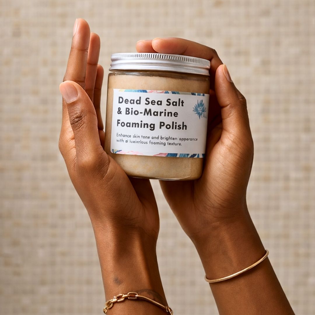 Hands holding a jar of Dead Sea Salt & Bio-Marine Foaming Polish against a neutral background
