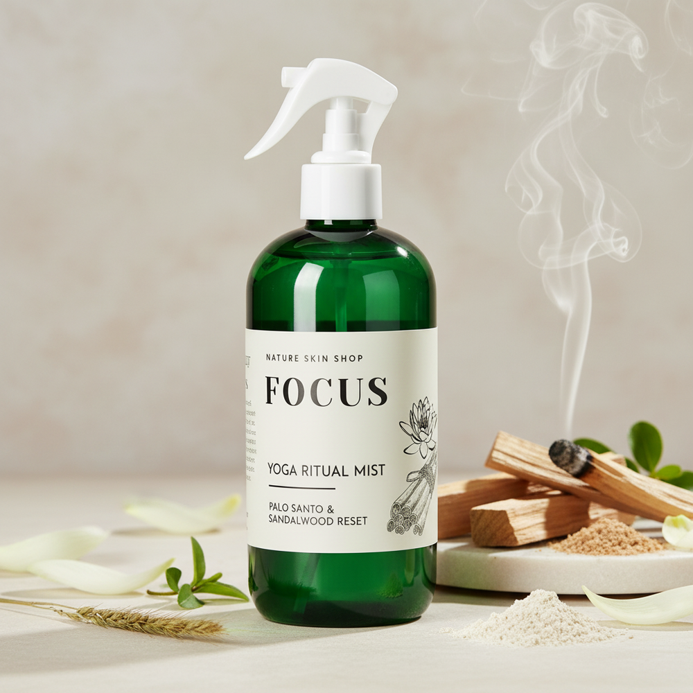 Green spray bottle labeled 'Focus Yoga Ritual Mist' on a neutral background with incense and herbs.