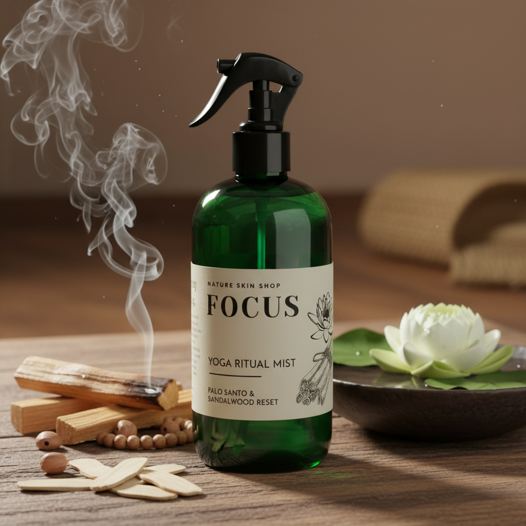 Green spray bottle labeled 'Focus' on a wooden surface with incense and lotus flower.
