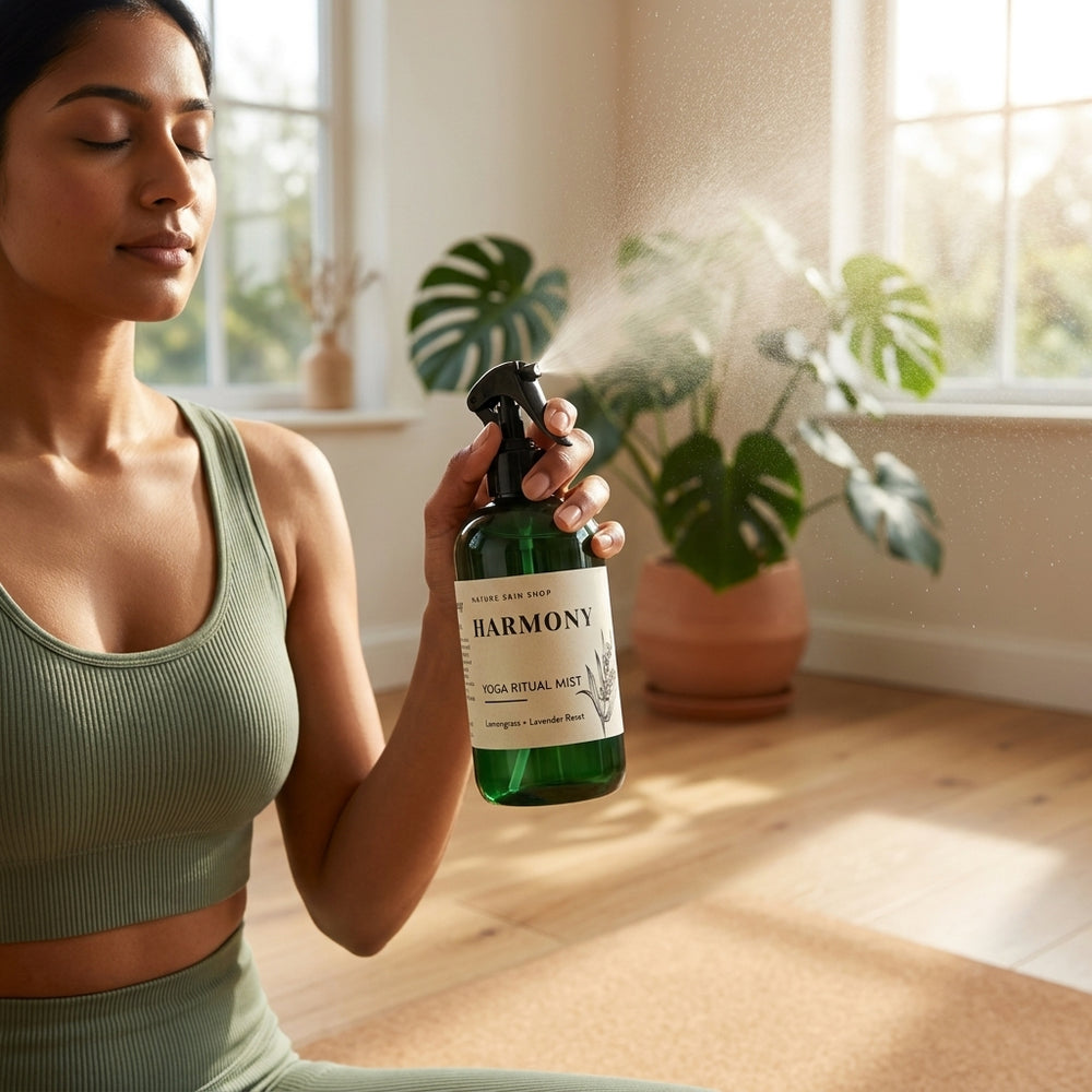 Woman holding a 'Harmony' diffuser bottle in a bright room with plants
