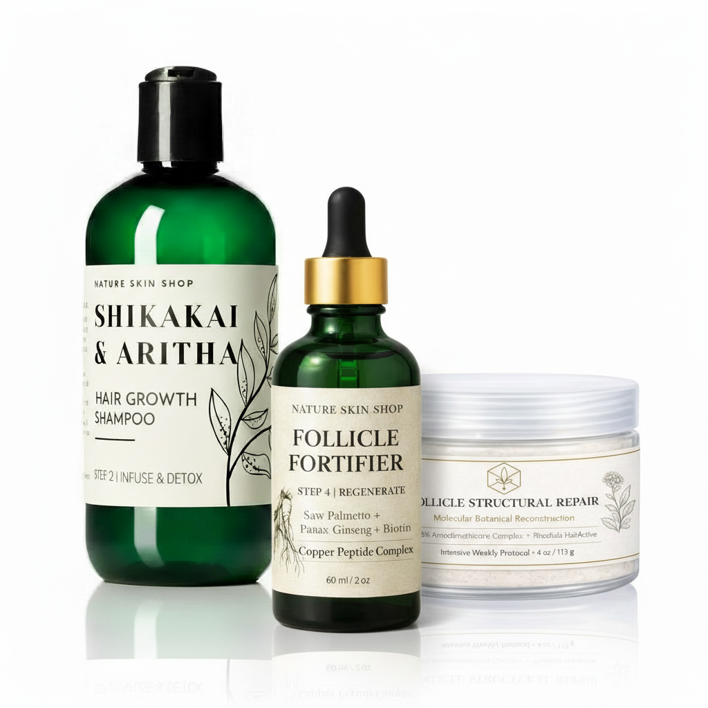 Set of hair care products including shampoo, fortifier, and repair cream on a white background