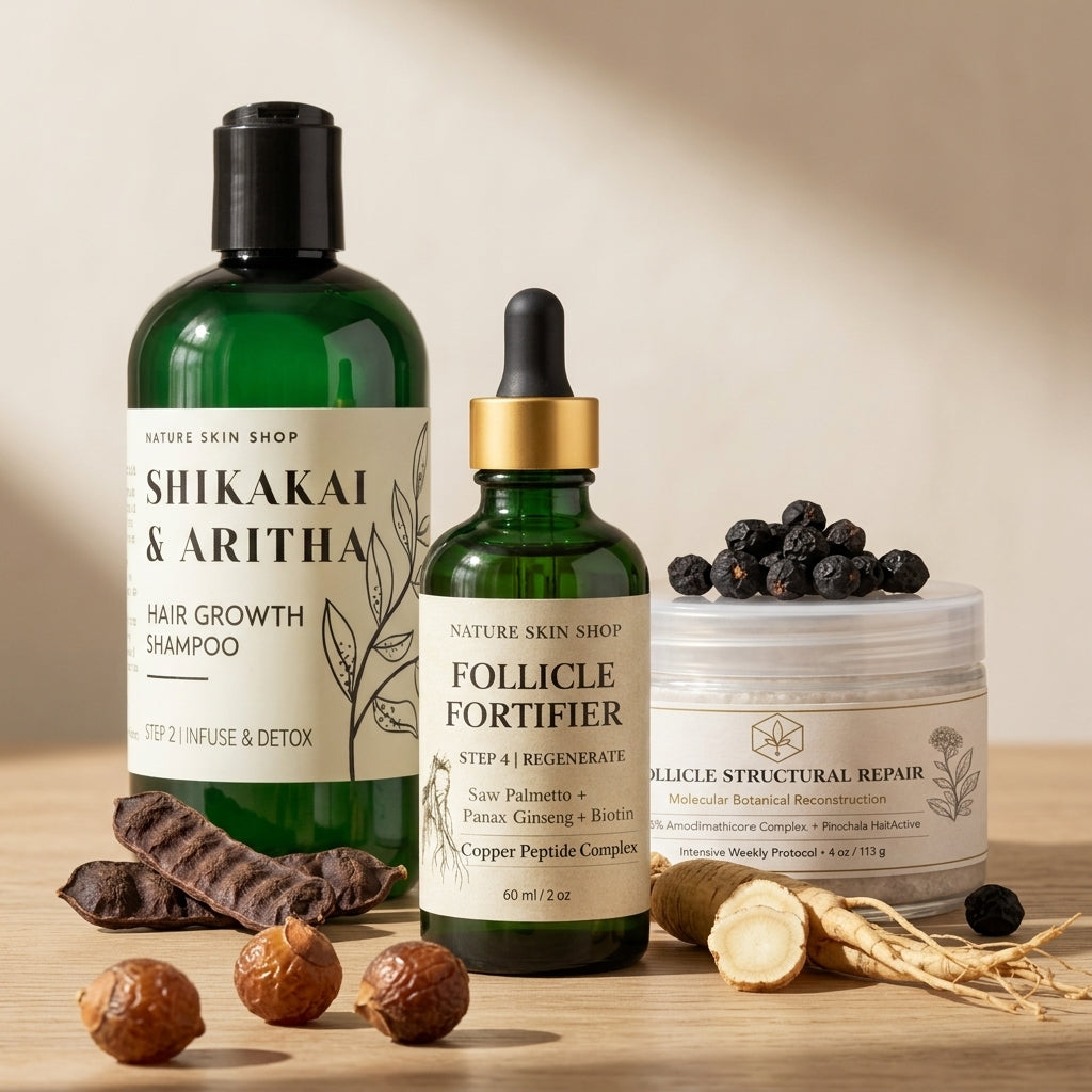 Three skincare products from Nature Skin Shop on a wooden surface with natural ingredients.