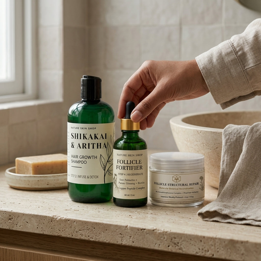 Bathroom counter with Shikakai & Aritha hair care products and a hand holding a bottle.
