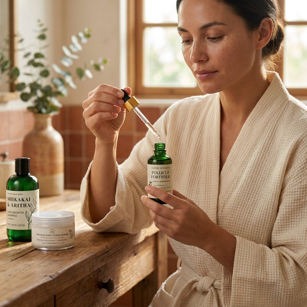 Woman in a robe applying follicle fortify product from a dropper bottle in a bathroom setting.