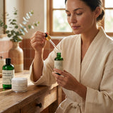 Woman in a robe applying follicle fortify product from a dropper bottle in a bathroom setting.