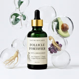 Follicle Fortifier serum bottle with botanical elements on a light background